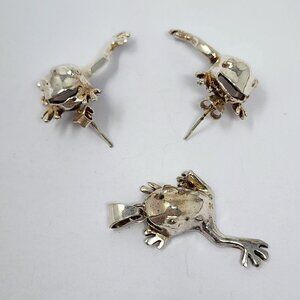 3 piece Frog Earrings and Pendant Set silver tone Unsigned
